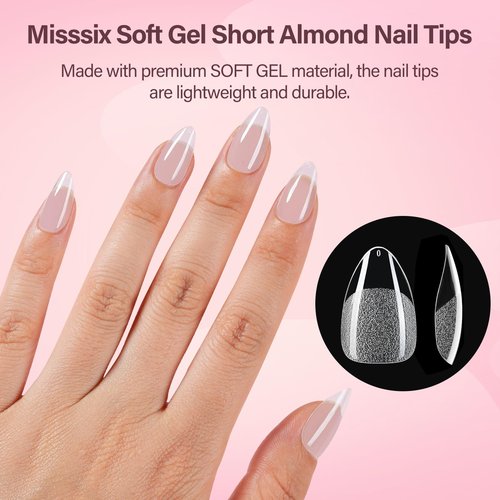 Misssix Short Almond Gel Nail Tips, 216Pcs Pre Etched Clear Fake Nails, Full Cover Soft Acrylic False Nail Glue and Nail Glue Remover for Women 12 Sizes