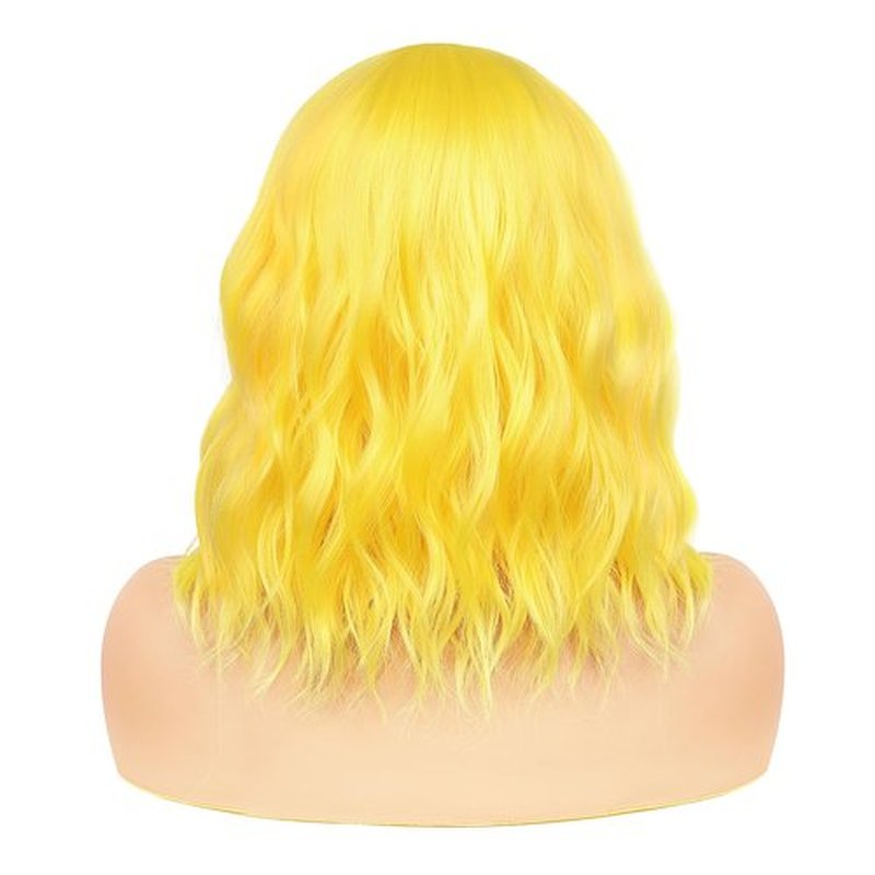 BATISI Yellow Short Bob Wig with Bangs for Women Loose Wavy Shoulder Length 14 Inch Synthetic Wig for Daily Cosplay Party Use