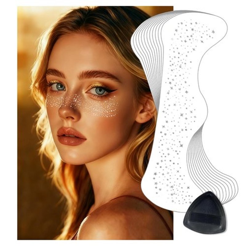 LALACE Glitter Freckles Face Tattoo – Sparkle Freckle Temporary Tattoo, Waterproof Face Glitter for Women, Face Sparkles & Face Freckles Glitter Makeup Accessories (12pcs Silver Star)