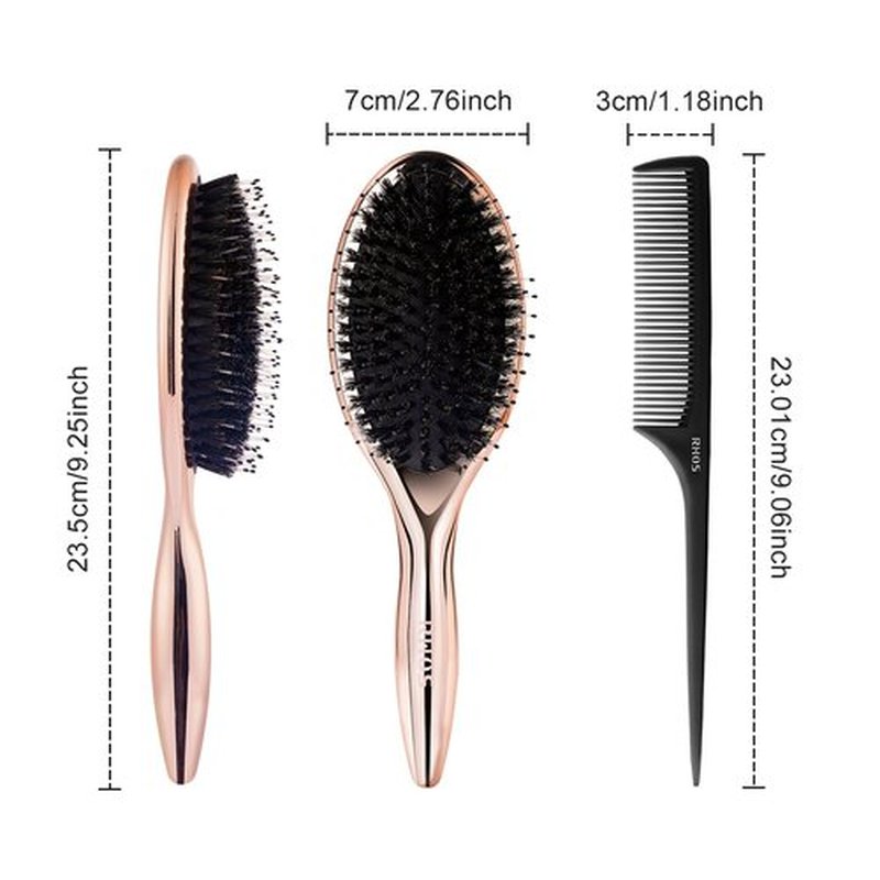RHOS Boar and Nylon Bristle Hair Brush for Long, Curly, Thick Hair, Soft Natural Bristle Detangling Brush, Smooth & Shine, Set Includes Rat Tail Comb, Storage Bag (0.79inch Bristle)