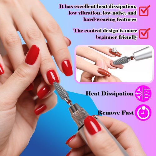 FANTEXY Carbide Nail Drill Bit - 3/32" Gel Polish Remover Drills Bit,5 In 1Cone Tungsten Drill Bits Set Nail File, Professional Tungsten Steel Nail Drills Tip for Acrylic Gel Nails Removal(Fine-F)
