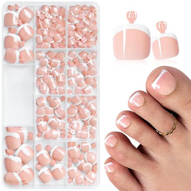 240pc White French Tips Press on Toenails Women Fake Toe Nails with Tabs, Nude Fake Toenails Press on Nails Toe Acrylic Nail Tips Short Square Glue Toenails Stick Artificial Toe Nails Press ons