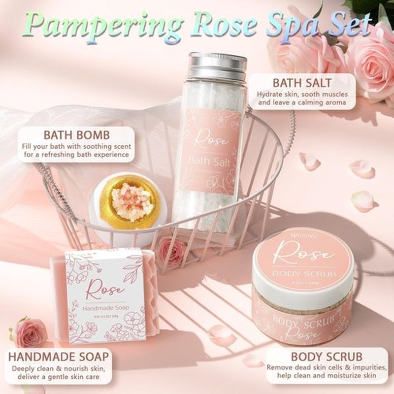 Spa Gifts for Women Bath Gift Set, Rose Relaxing Spa Gift Baskets Home Bath Set Self Care Kit Care Package Thank You Birthday Easter Gifts Basket for Women Her Mom Sister Friends Teen Girls Wife