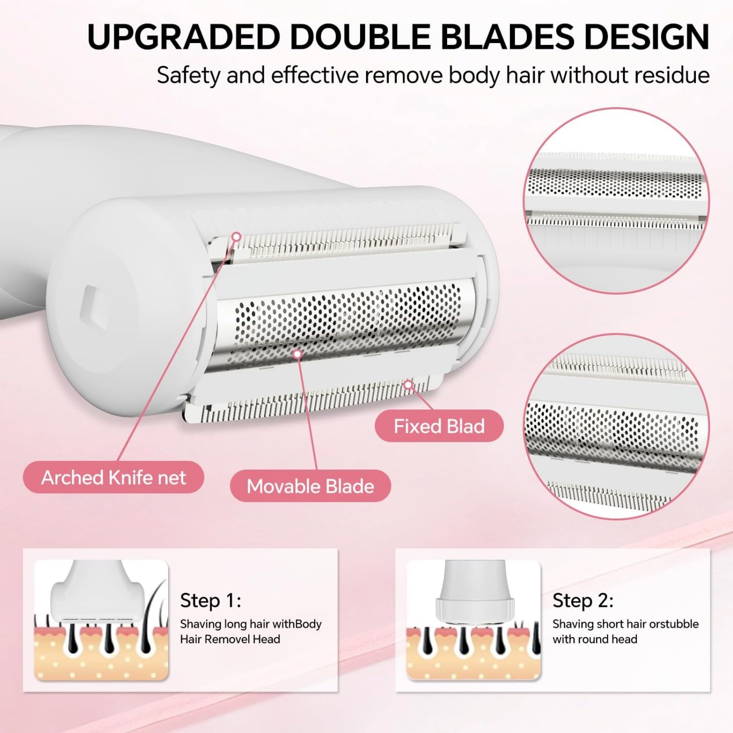 Electric Razors for Women, Painless Bikini Trimmer for Women for Silk Skin, 4-in-1 Wet/Dry Cordless Body Shaver, IPX6 Waterproof Replaceable Facial, Eyebrow, Nose Trimmer, Type-C Fast Charge, Pink