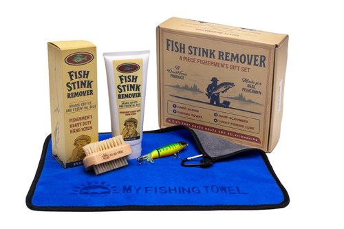 Gift for Fishermen - 4 piece Hand Cleanser Fishing Gift Set - Includes Microfiber Fishing Towel, Hand Scrub & Srubber, Fishing Lure - Valentine's Day Gift Fishermen or Boaters Birthday Gift Fishermen