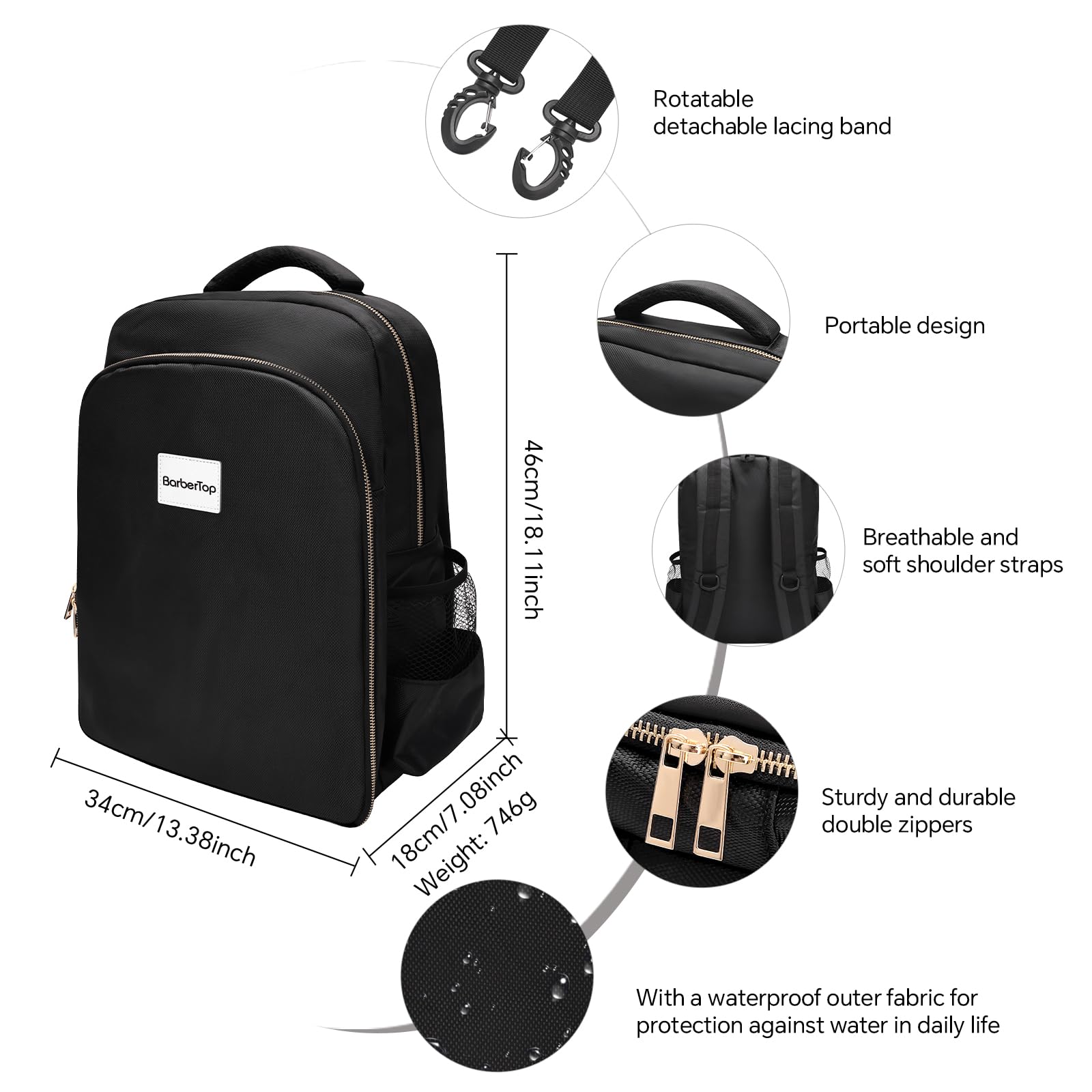 Barber Backpack for Men Women, Professional Barber Bag Case Organizer for Clippers and Supplies, Portable Cosmetology Hairstylist Travel Backpack with Barber Accessories Cape and Brush (Black)