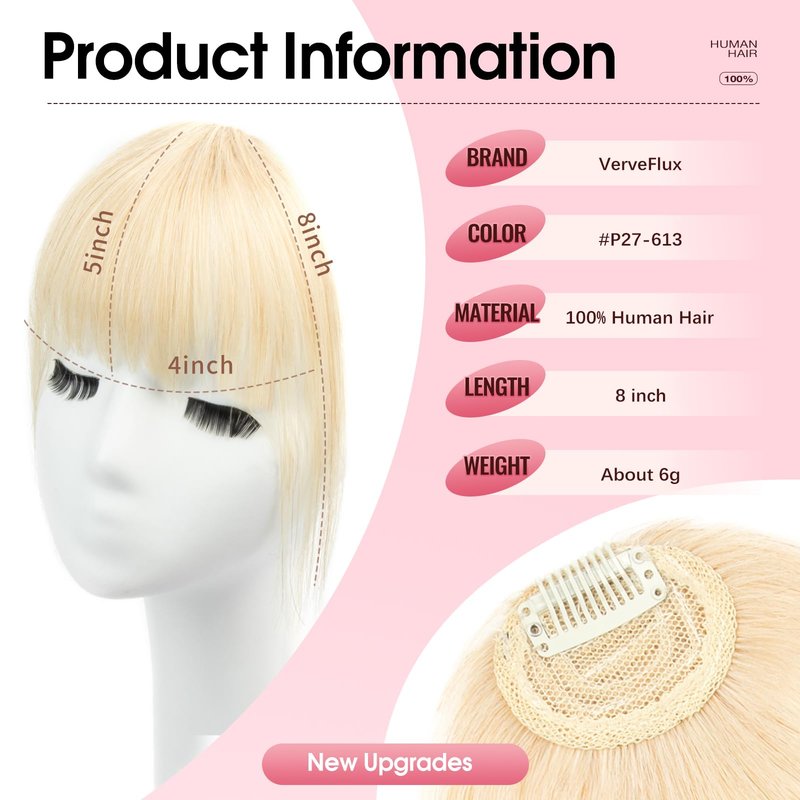 VerveFlux Clip in Bangs, 100% Real Human Hair 8 Inch Light Blonde Mix Bleach Blonde #613 French Bangs Fringe with Temples Real Hair Bangs Extensions Hairpieces Easy Clip-On Design