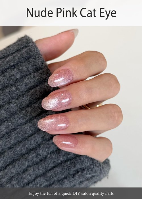 AutyaMee Semi Cured Gel Nail Strips (Nude Pink Cat Eye), Light-Chasing, 20 Pcs Gel Nail Wraps, Stickers, Works with Any UV Lamps