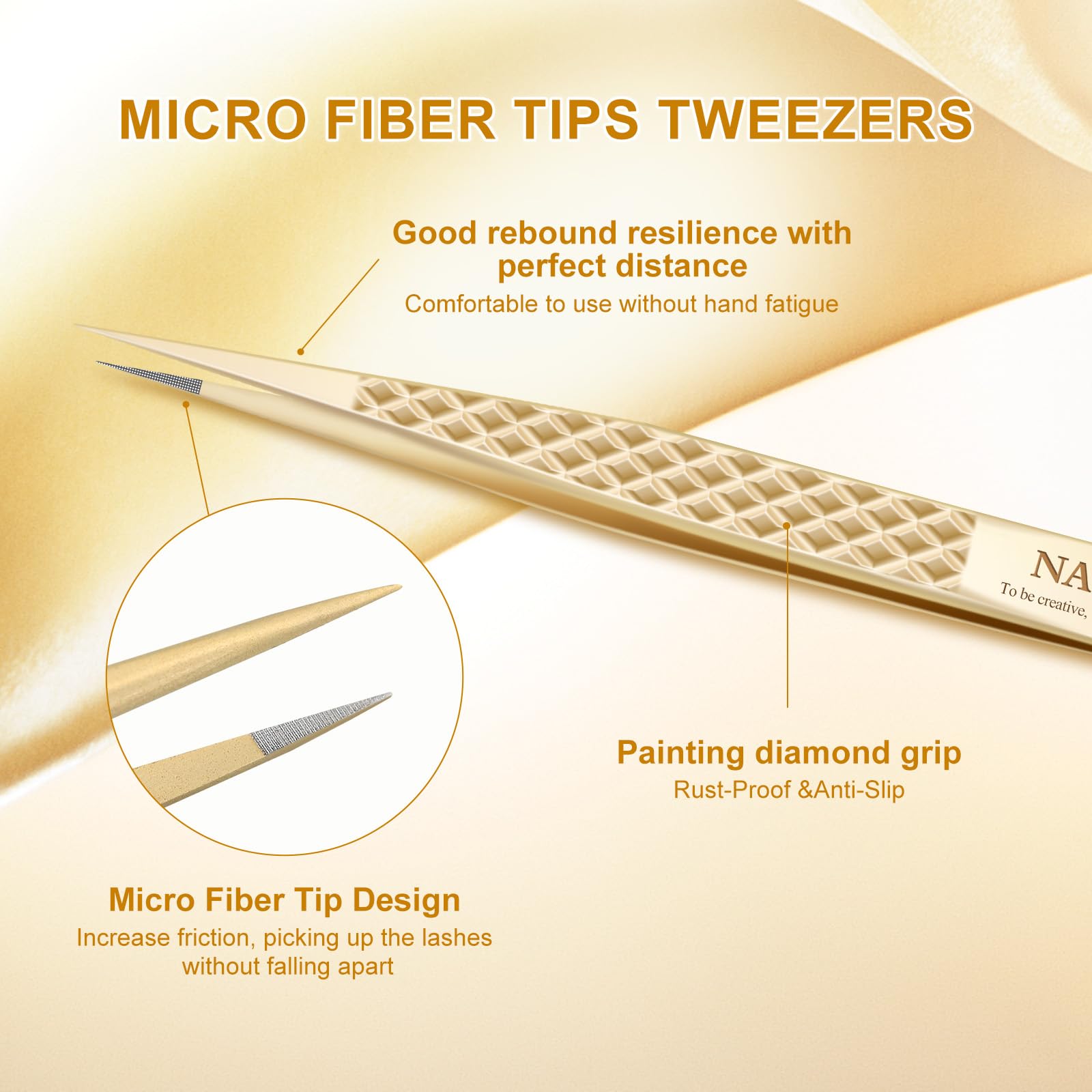 NAGARAKU Eyelash Tweezers, Precision Fiber Tip Tweezer for Eyelash Extensions Diamond Grip Anti-Static Anti-Slip Premium Gold Stainless Steel Pointed Lash Tweezers -Straight Tip Classic Tweezer AG-03