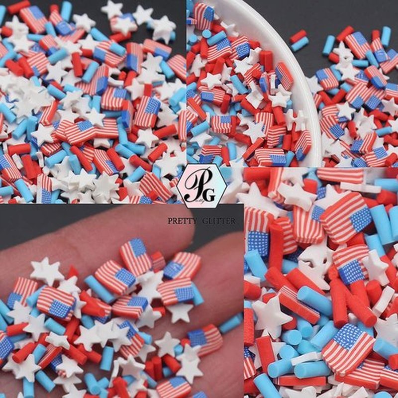 2ozs /Pack 3D American Flag White Star Red Sugar Granules Mixes Slices Supplies Polymer Soft Clay DIY Decoration for Nail Art Slime Kit DIY Cake Dessert Simulation Food RT-USFlag