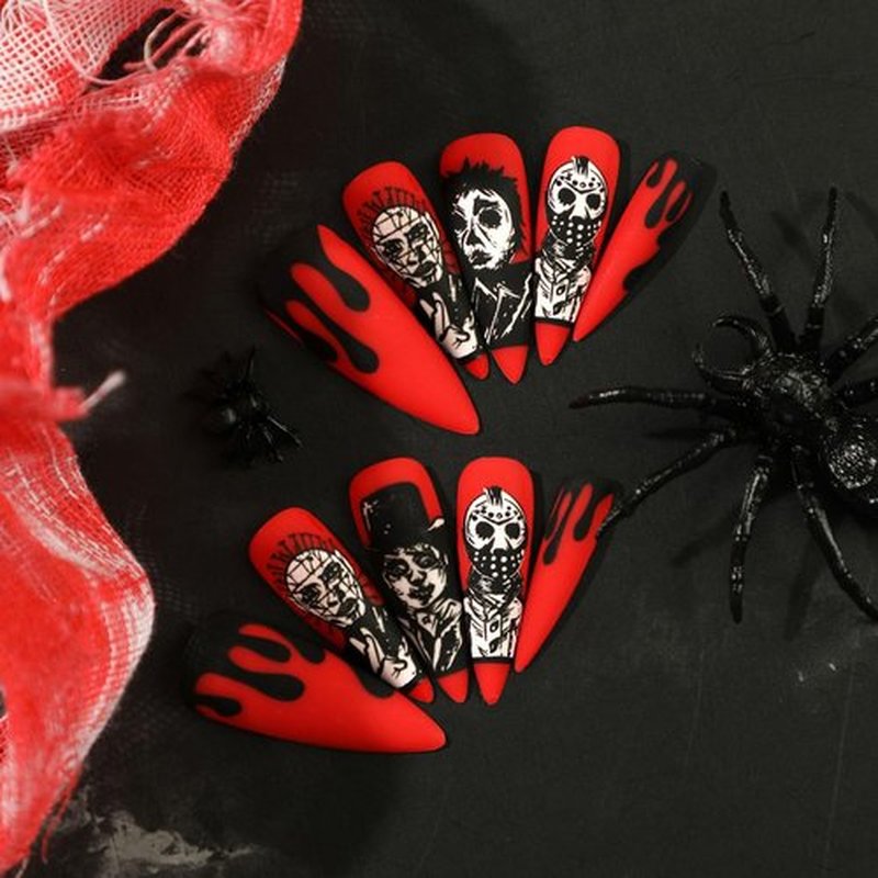MABKJLF Halloween Press on Nails Long Stiletto French Fake Nails Scary Skull Skeleton Red Full Cover Gothic Nails Black Blood Matte Glue on Nails Acrylic Nails Artificial Nails for Women Girls 24 Pcs