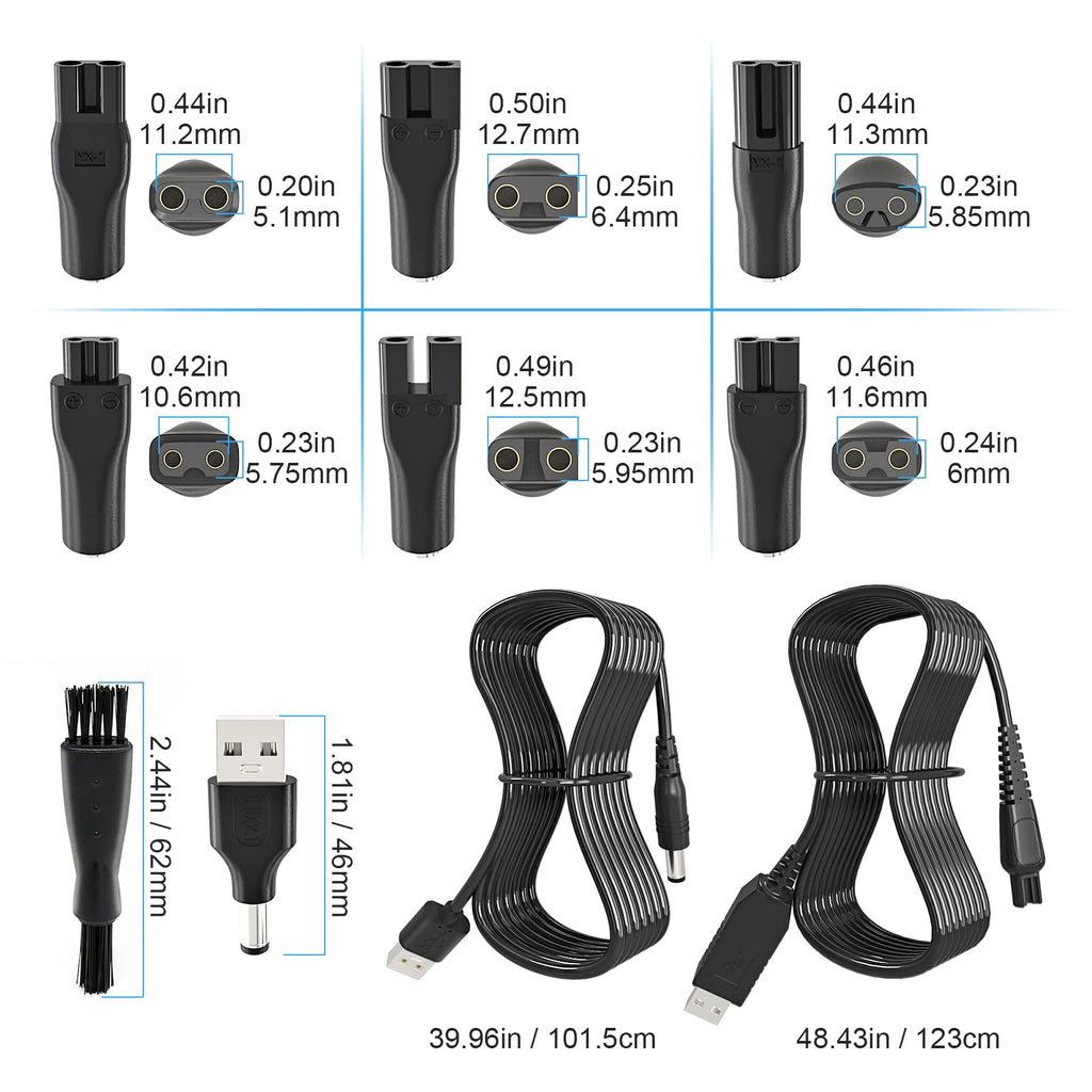 SoulBay 5V USB Charging Power Cord for Electric Beard Trimmer Hair Clippers Mens Womens Razor Shaver, Includes 6pcs Connectors, 1pc 15V Power Cord for Philips Shavers & 1pc USB to 5.5 * 2.1mm Adapter