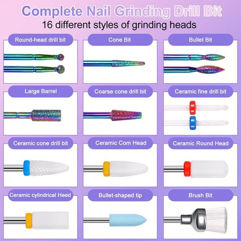 16pcs Nail Drill Bits Sets, 3/32 Inch Cuticle Electric Nail File and Ceramic Acrylic Gel Nail Bit Kit Acrylic Nail Tools for Manicure at Home Salon