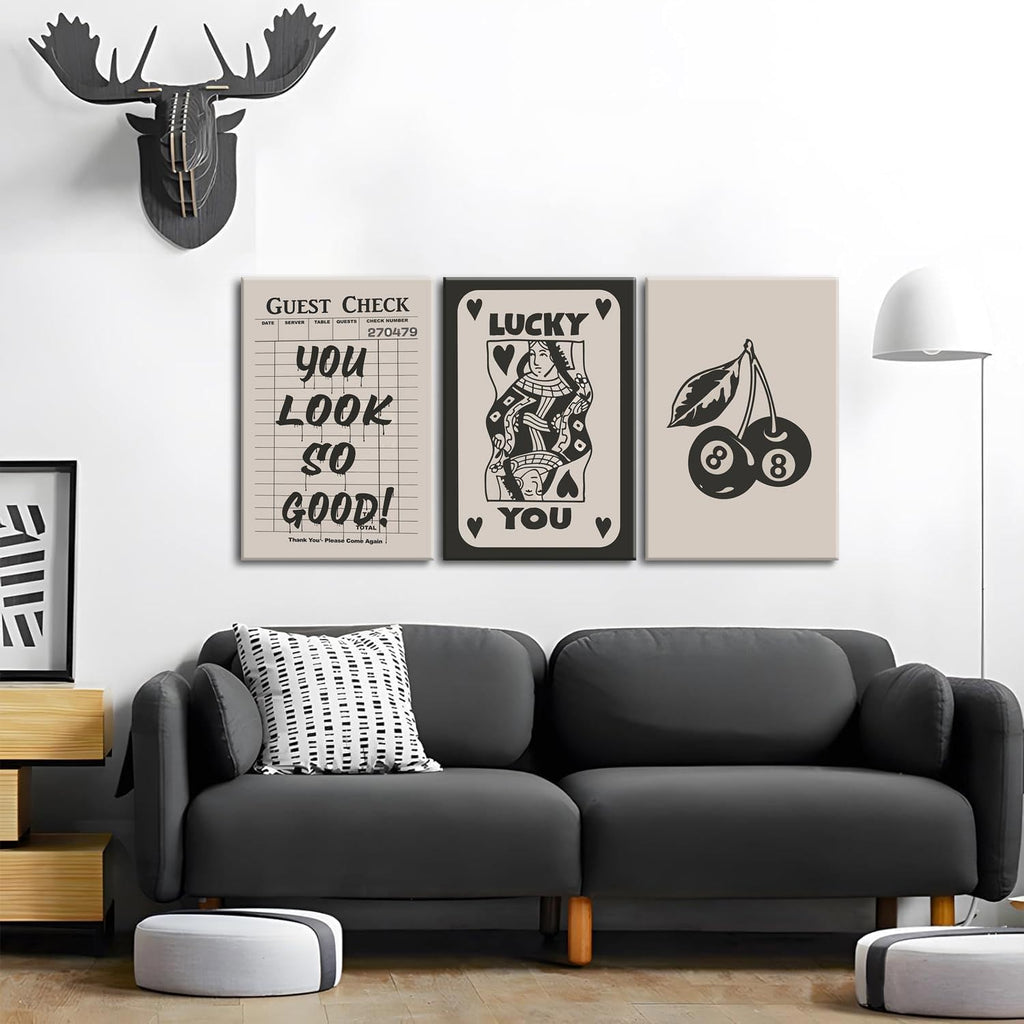 Fashion Poker Framed Canvas Wall Art Set of 3 - Vintage Queen & Lucky You Poster Prints | Aesthetic Black Art for Bedroom & Living Room - 12x16''