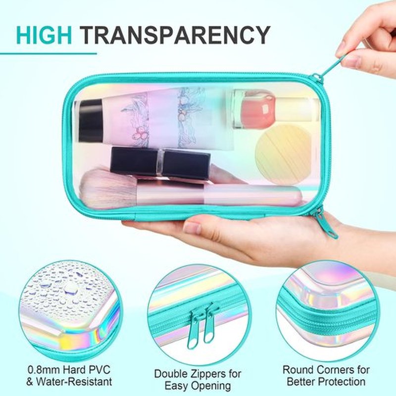 Hoolerry Clear Zipper Makeup Bags - 4 Pcs Transparent Storage Pouches for Cosmetics & Snacks | 7.5 x 3.9 x 2 in, Blue Laser