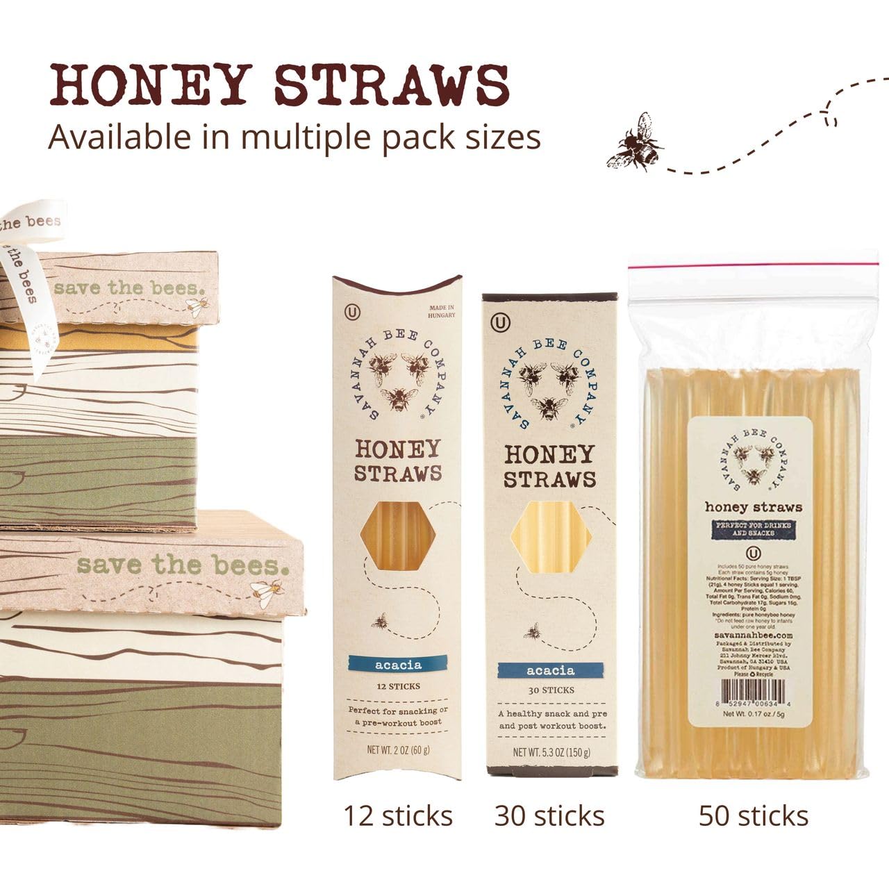 Savannah Bee Company Honey Straws - Pure and All Natural Honey Straw Sticks Made in the USA