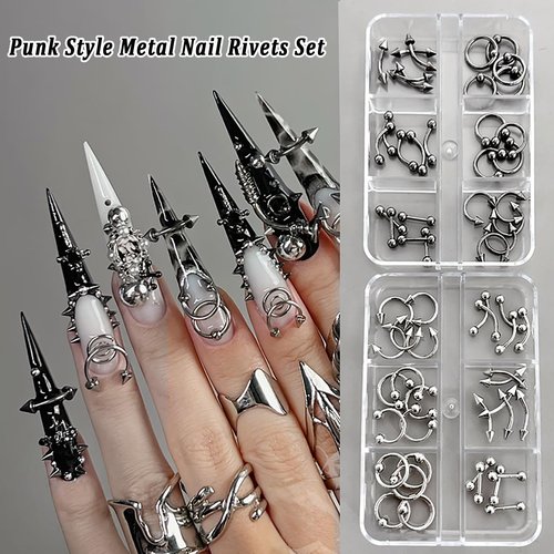 JERCLITY Platinum Gunmetal Black Punk Style Nail Rivets Set 1 Box Cone Nail Charms Studs Alloy Spike Rivets 2 Boxes Retro Metal Nails Circular Rings Nail Charms for Women