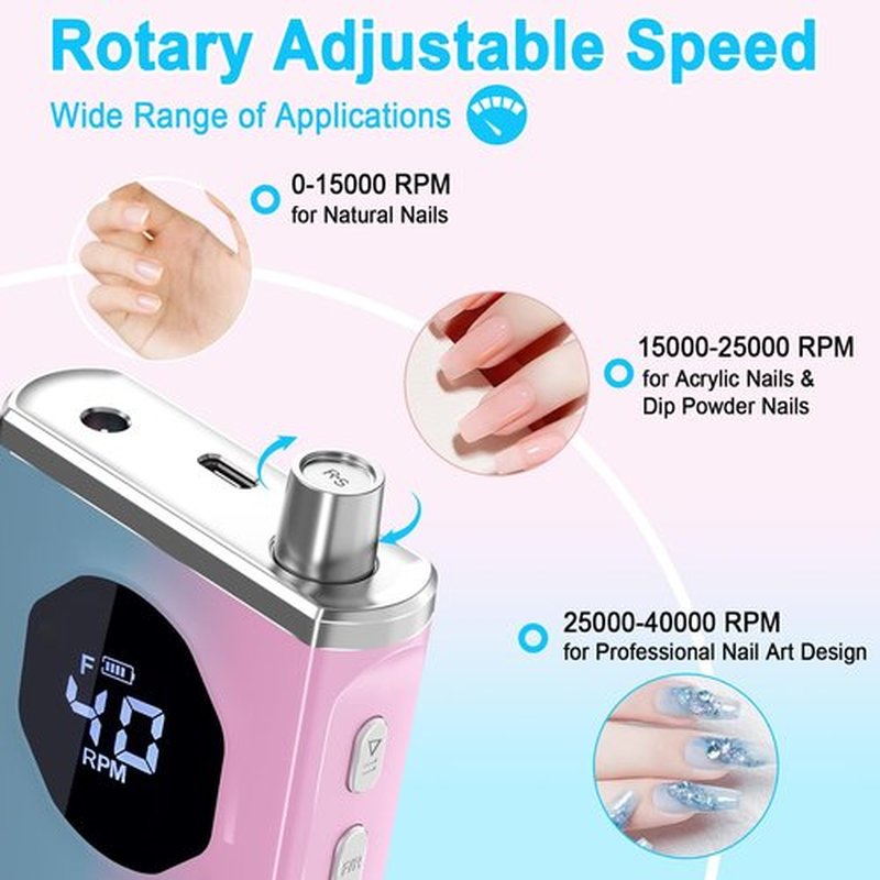 Nail Drill Professional 40000RPM for Acrylic Nails, Nail Drill Portable Electric Nail Drill for Nail Manicure, Nail Drill Rechargeable High Capacity for Salon and Home Use (Pink-Blue)