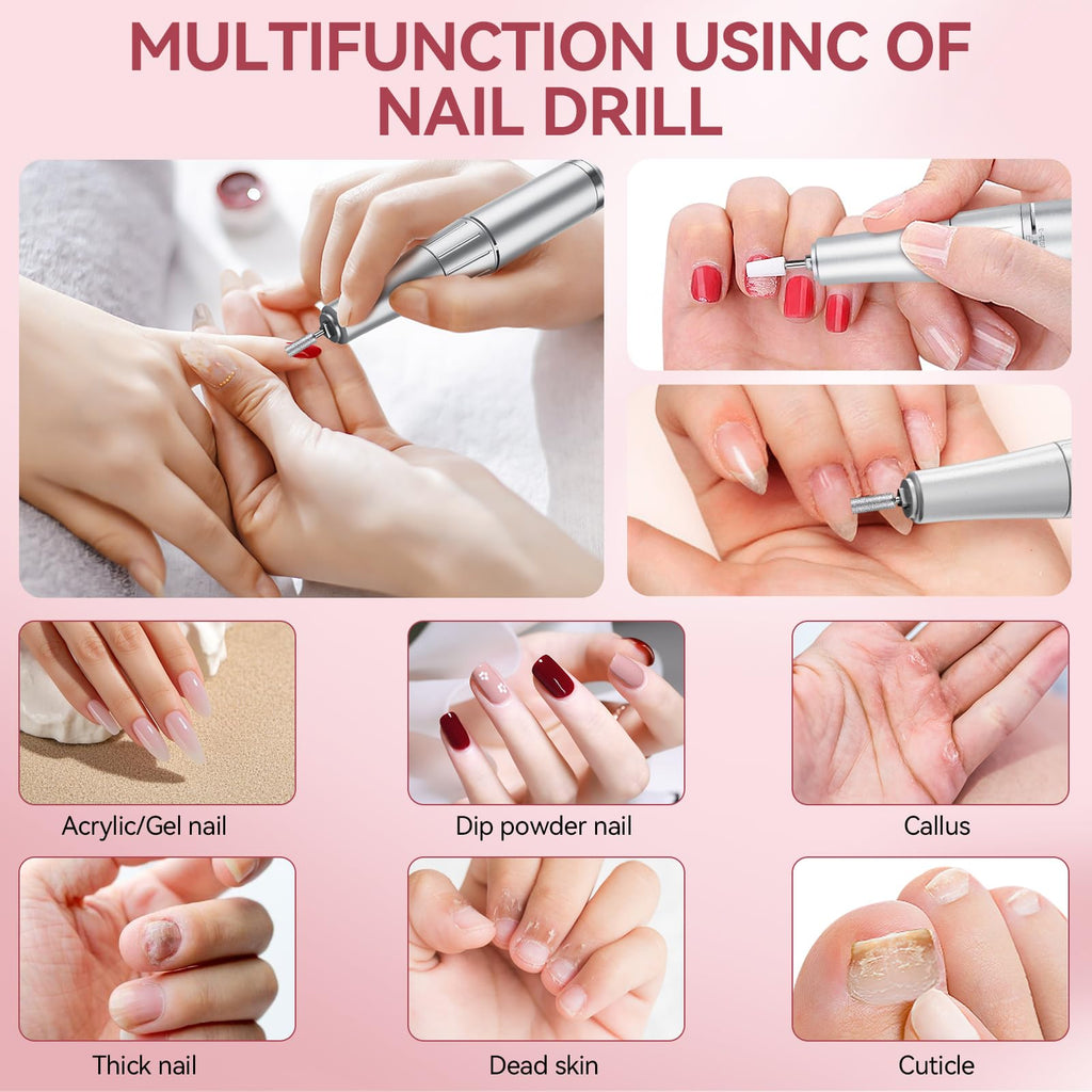 Urbuti Nail Drill, Professional 45000RPM Electric Nail File with 12 Drill Bits Remover Gel Nail Polish Acrylic Nails Manicure for Salon Home(Pink)