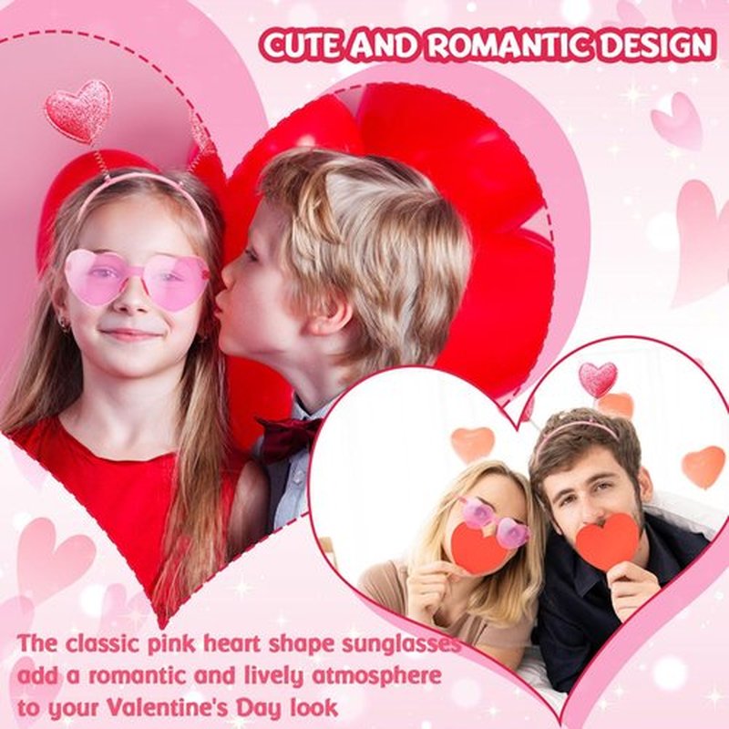 Haawooky 24 Pcs Valentine's Heart Headband Heart Sunglasses,Pink Glitter Cupid Headband,Sequin Love Heart Boppers for Valentine,Wedding,Party Cosplay Costume Accessories