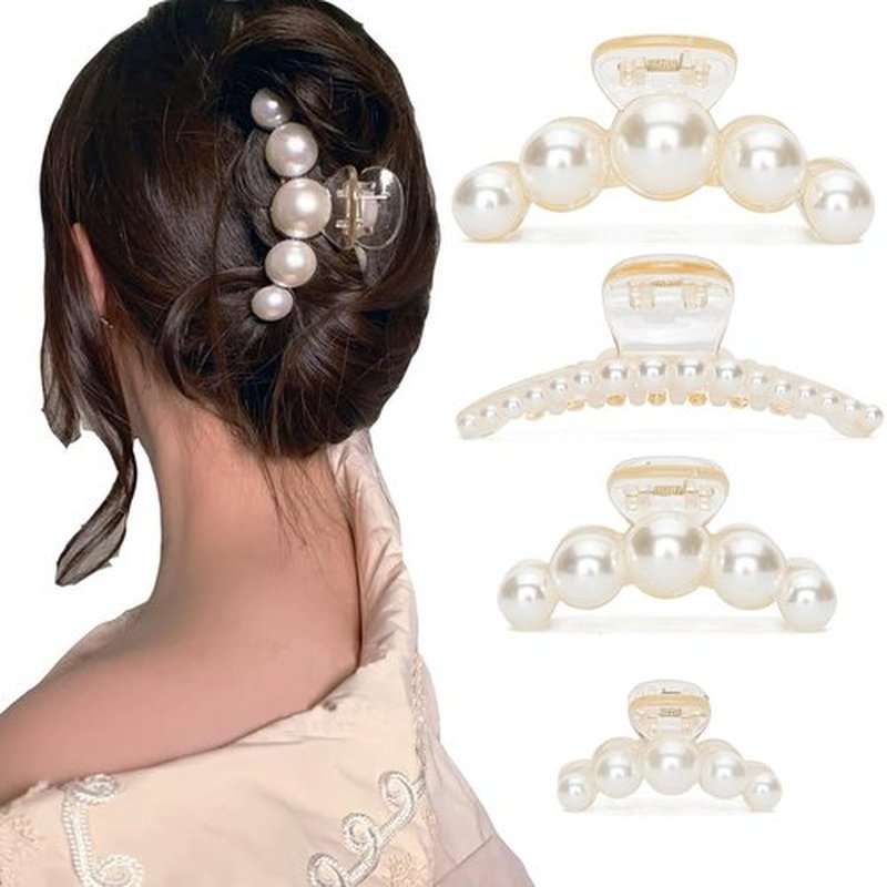 Skiennix Large Pearl Hair Claw Clips - Strong Hold No Slip Barrettes | 4-Piece Set for Women