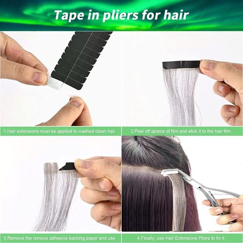 Hair Extensions Tools Kit, Professional Tape in Hair Sealing Pliers Flat Surface Hair Extension Plier Tools with Double Sided Replacement Adhesive Tape Tabs -Silvery