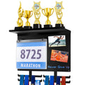 Moxweyeni Race Medal and Bib Display with Trophy Shelf, Wall Mounted Photo Display Board, Ideal Gifts for Runners and Marathoners, Holds up to 50 Medals, 40 Race Bibs & 5 Trophies(Black)