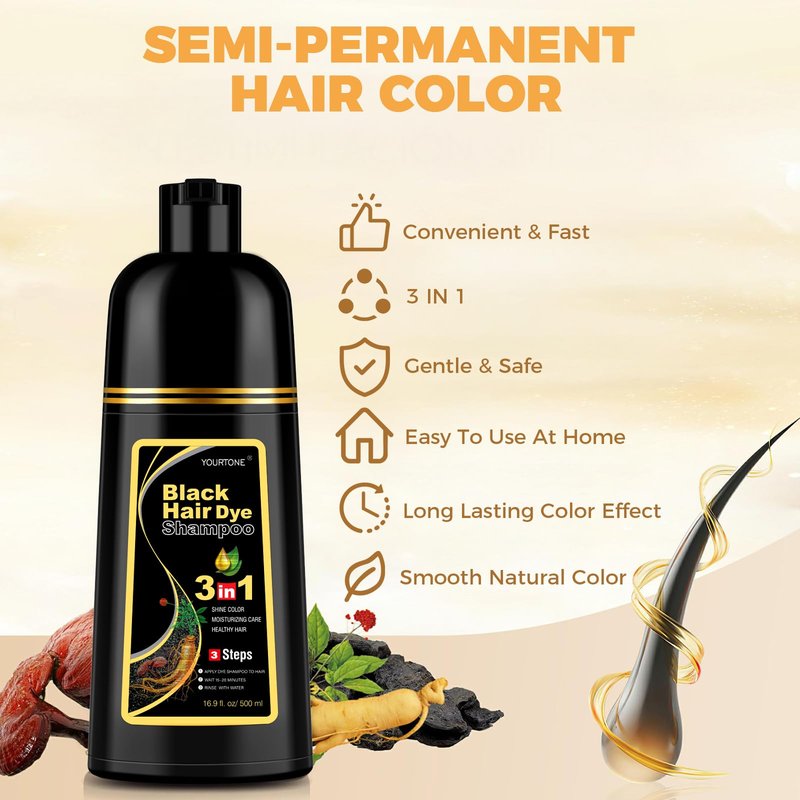 YOURTONE Black Hair Dye Shampoo 3 in 1 for Gray Hair Coverage, Hair Color Shampoo for Women Men, Herbal Ingredients Champu Para Pintar el Cabello (16.9 Oz)