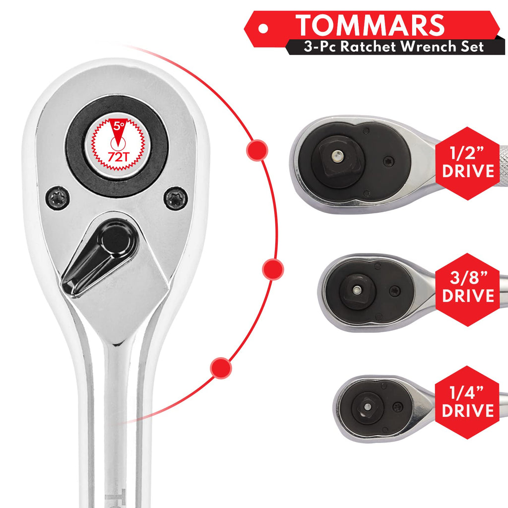 TOMMARS Ratchet Set 1/4" 3/8" 1/2" Drive Ratchet Socket Wrench Kit 72-Tooth Quick-Release Reversible, Cr-V Alloy Steel