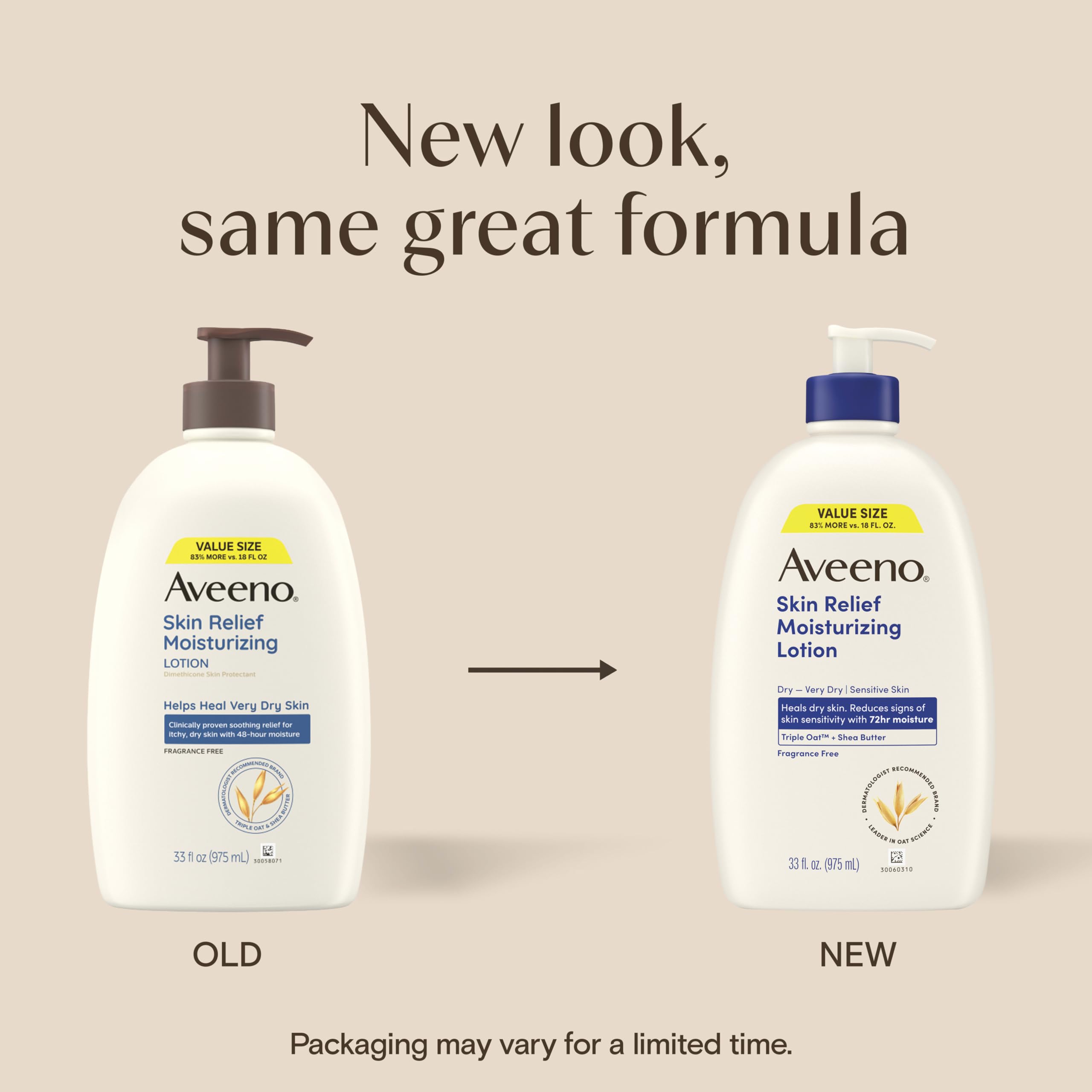 Aveeno Skin Relief Moisturizing Body Lotion Heals Very Dry, Sensitive Skin, Fast-Absorbing Lotion with Soothing Triple Oat & Shea Butter Formula, Fragrance Free Lotion, Non-Comedogenic, 33 Fl Oz