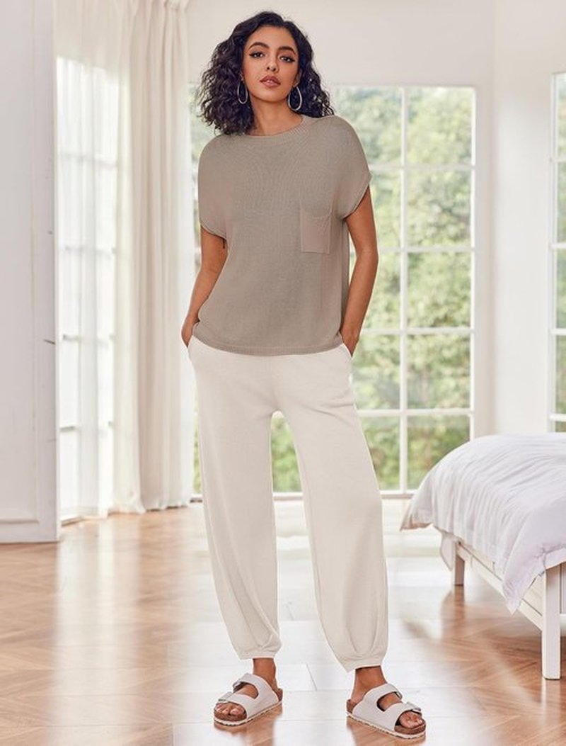 Ekouaer Two-Piece Lounge Set - Knit Sweater Top & Jogger Pants Matching Tracksuit for Women