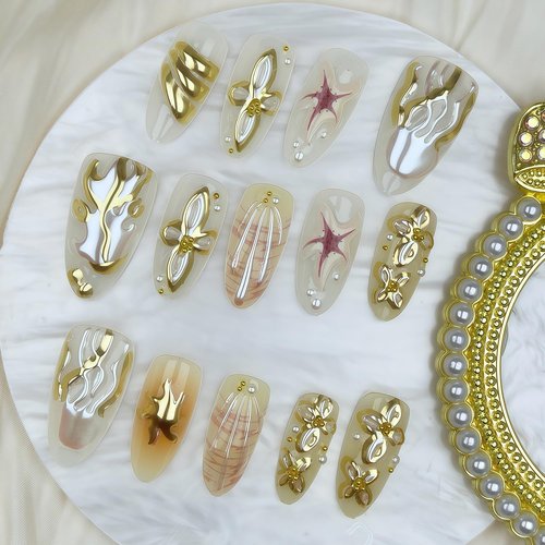 30Pcs French Tip Press on Nails Long Almond Fake Nails with Beach Starfish Shell Ocean Jellyfish Flower Embossed Pattern Rhinestones Nails Design Full Cover Cute False Nail Stick on Nail for Women