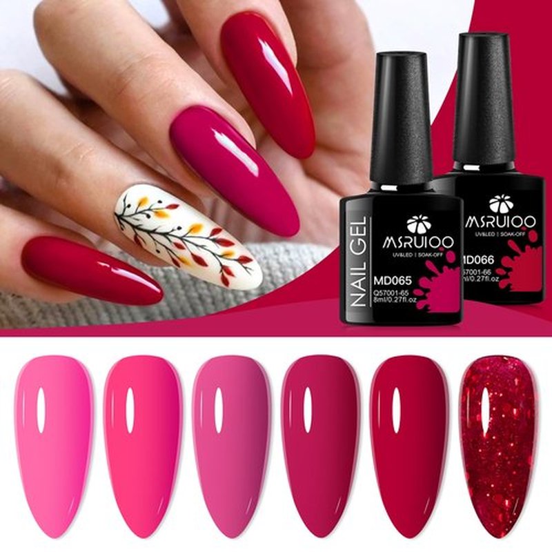 MSRUIOO Gel Nail Polish Set 6 Colors Hot Pink Rose Red Nail Gel Polish Kit Red Glitter Nail Polish Shimmer Nail Art Design DIY Home Salon Manicure Valentines' day Gifts for Women Girls