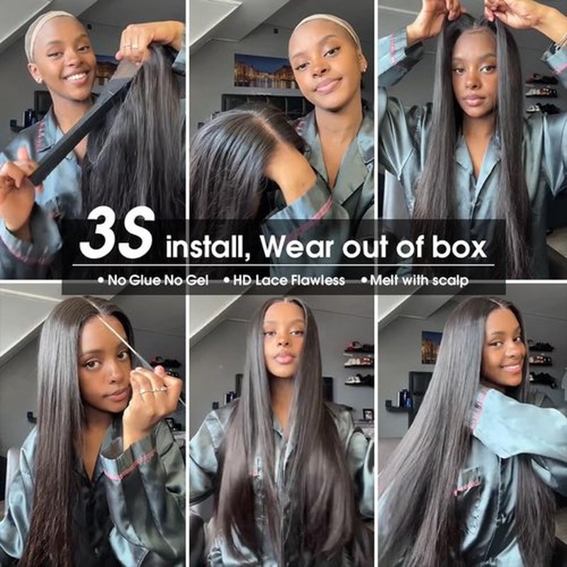 Amella 16 Inch 220% Density 13x4 HD Lace Closure Wigs Human Hair Glueless Wigs for Black Women Pre Plucked Pre Cut Bleached Knots Wig