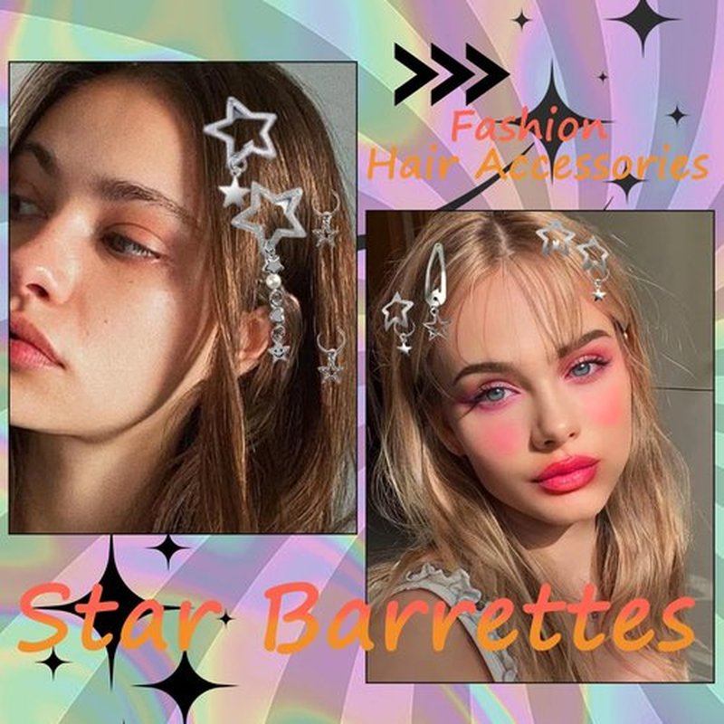 24PCS Gold Star Hair Clips Hair Cuffs Rings Silver Metal Star Barrettes 10 Shapes Pentagram Y2k Barrettes for Women 2000s Hair Accessories for Girls (Silver/Gold)