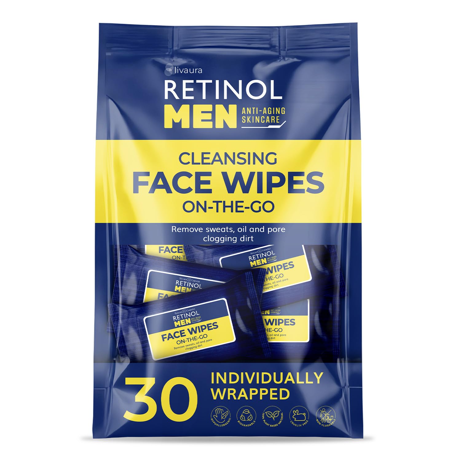 LIVAURA Retinol Face Wipes for Men, Individually Wrapped Travel - 30 Count