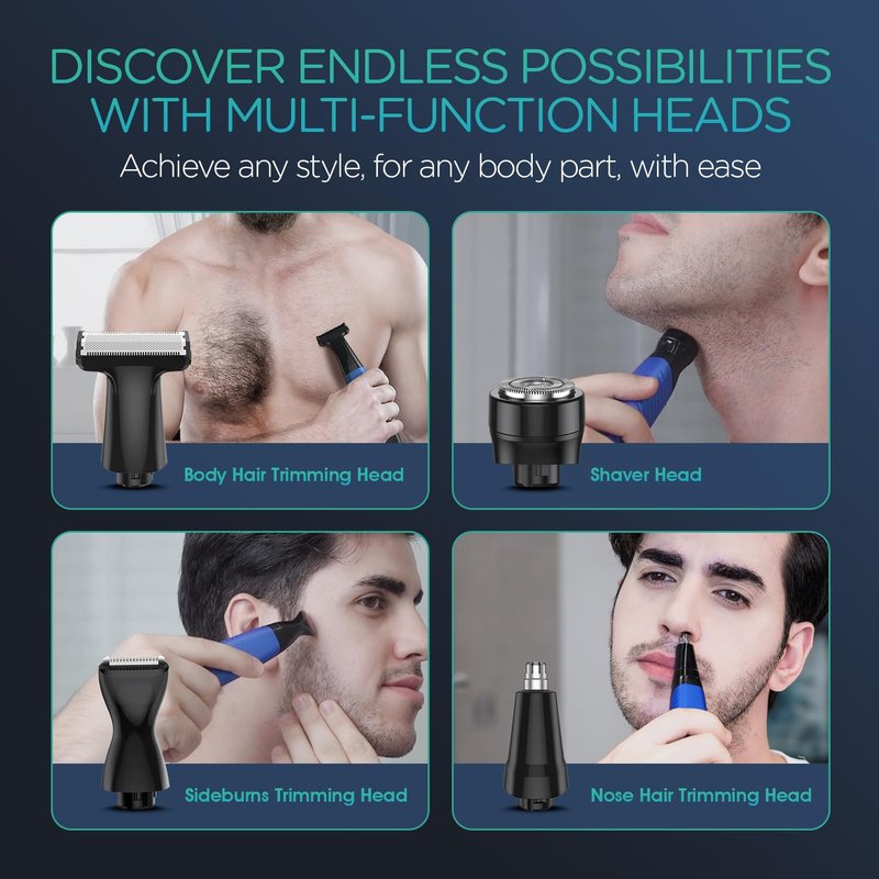 VOYOR Beard Trimmer for Men - Cordless Electric Razor with Adjustable Length Combs | All-in-One Grooming Kit (Blue)