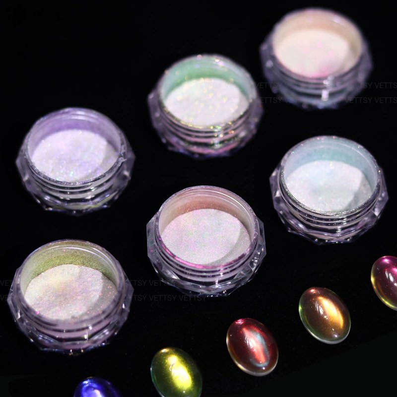 Vettsy Mermaid Ice Transparent Aurora Chrome Nail Powder, 6 Colors Transparent Iridescent Shimmer Pigment Pearlescent Nail Art Glitters