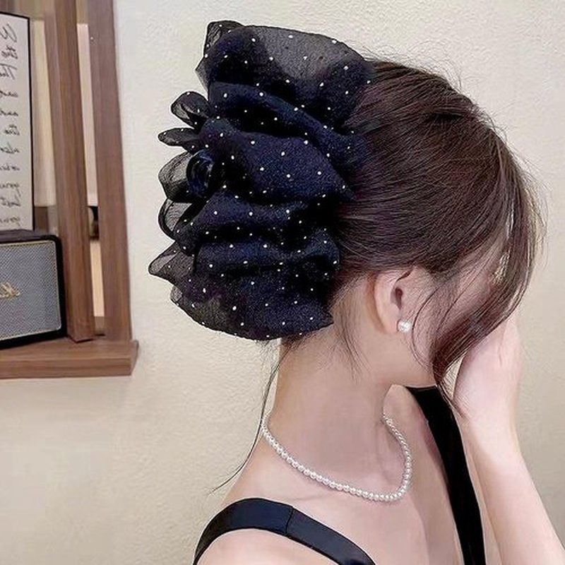 Myhiju Hair Clip, Black Chiffon Mesh Tulle Rhinestone Bow Hair Clip, Strong Hold Silk Bowknot Claw Clip for Women, Hair Accessories for Thick Hair, Daily, Party