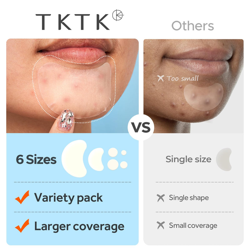 TKTK Chin Pimple Patches (100 Count 6 Sizes), XL Contoured Hydrocolloid Chin Patch 62x42 mm, Large Acne Patch for Face Blemishes Zit Breakouts, Maximum Absorption Overnight Stickers