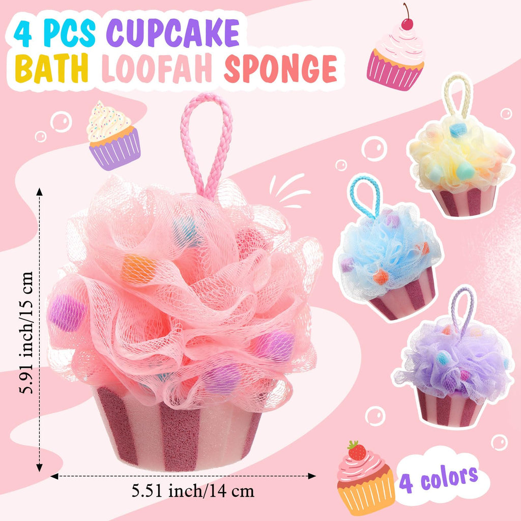 Reallnaive 4 Pcs Cupcake Bath Loofah Sponge Cartoon Body Scrubber Loofah Soft Mesh Exfoliating Bath Scrubber Shower Ball for Shower Sponge Gifts Exchange Birthday Party