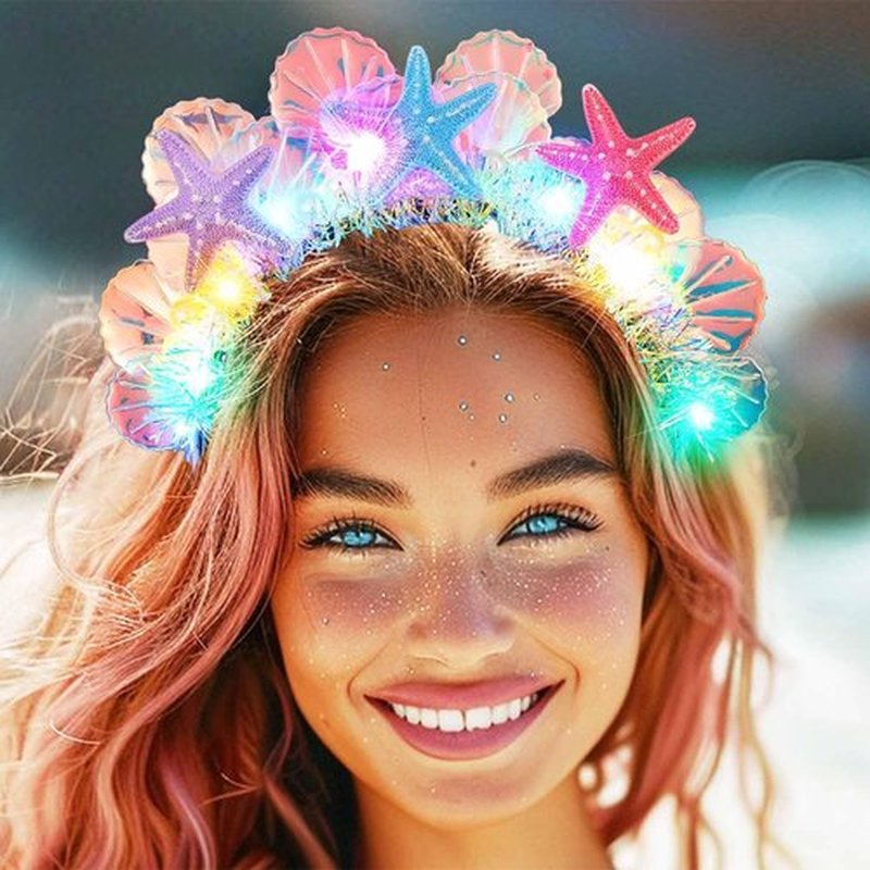 GORTIN Light Up Mermaid Headband LED Glow Starfish Headbands Seashell Headpiece Costume Hair Accessories for Women