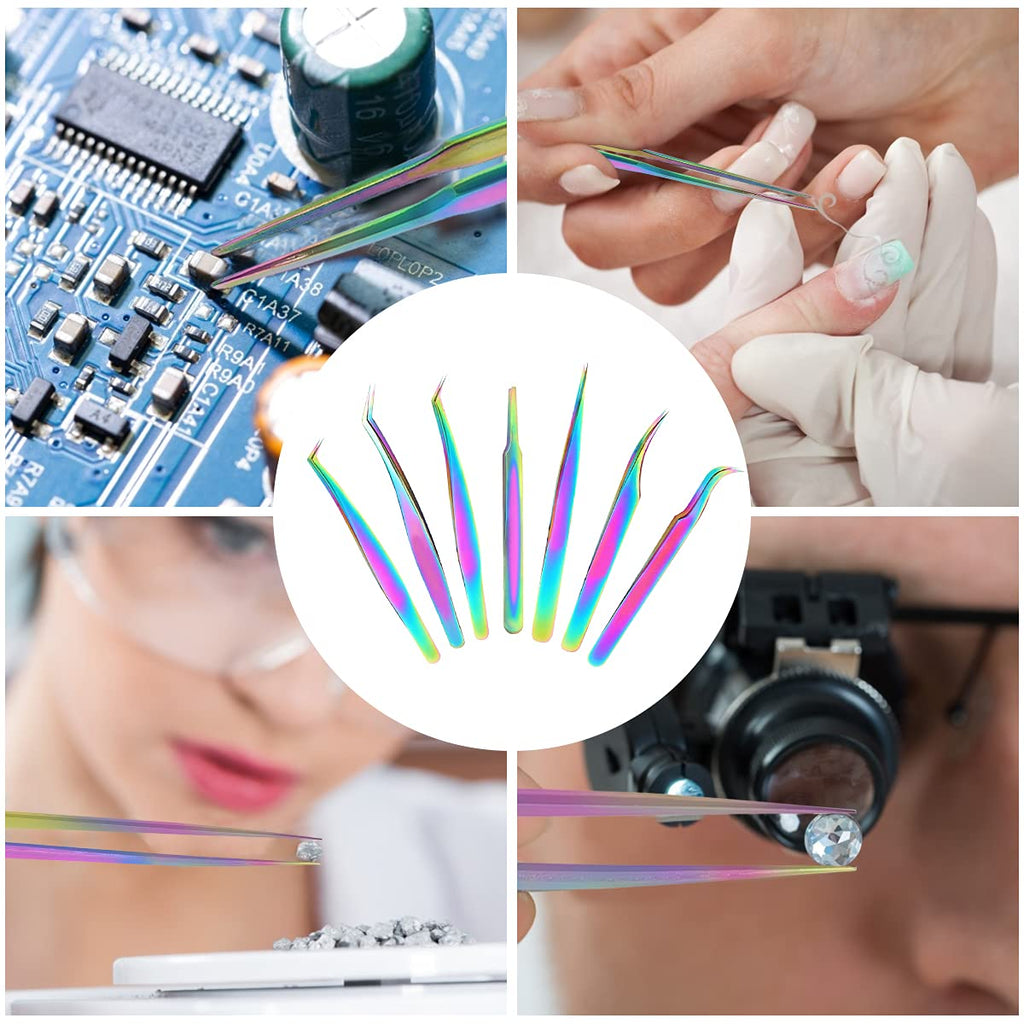 Eyelash Extension Tweezers Set, Fangze 7 Pcs Lash Kit Rainbow Stainless Steel Straight and Curved Tweezer for Nail Art Ingrown Hair Craft