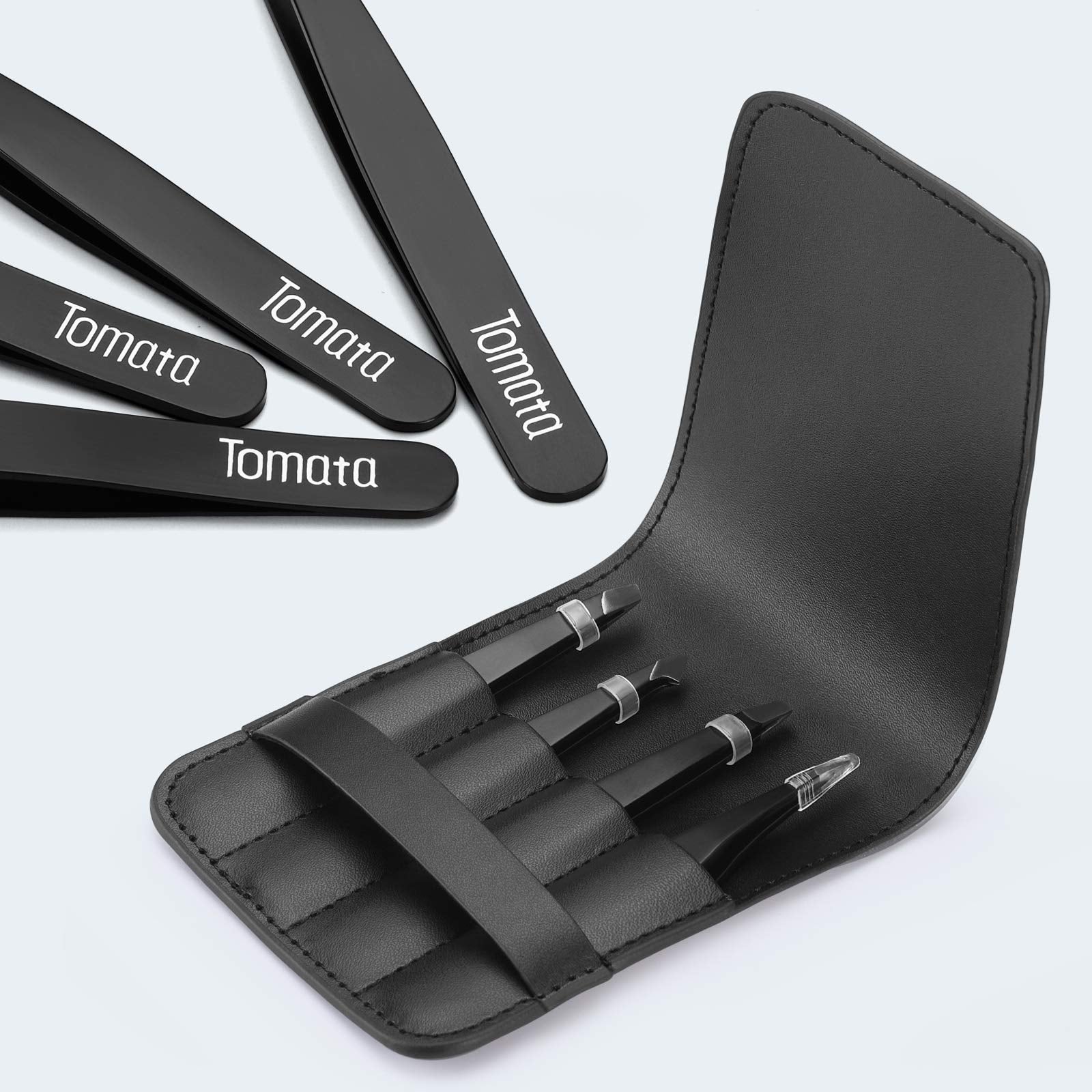 Tomata Tweezers for Eyebrows, 4-piece Slant Tip and Pointed Eyebrow Tweezer Set Great Precision for Eyebrows Facial Hair, Ingrown Hair, Splinter, Blackhead and Tick Remover (Black)