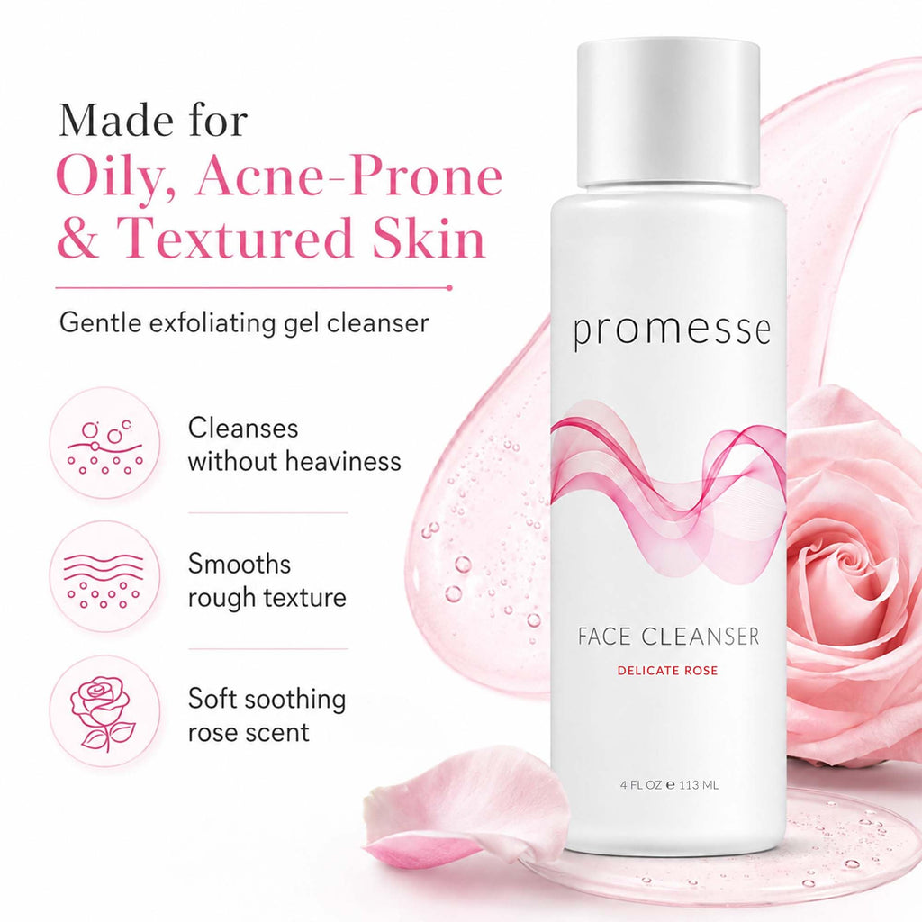promesse Acne Control Facial Cleanser with Glycolic & Salicylic Acid, Gentle AHA/BHA Exfoliating Cleanser for Acne-Prone & Oily Skin, Rose Scented Hydrating Face Wash, 4 fl oz