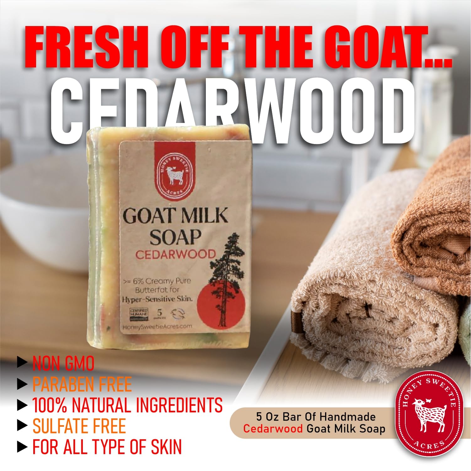 Honey Sweetie Acres Cedarwood Goat Milk Soap - Handmade 5 oz Bar, Made with Natural Ingredients, Moisturizing & Gentle, Made in the USA