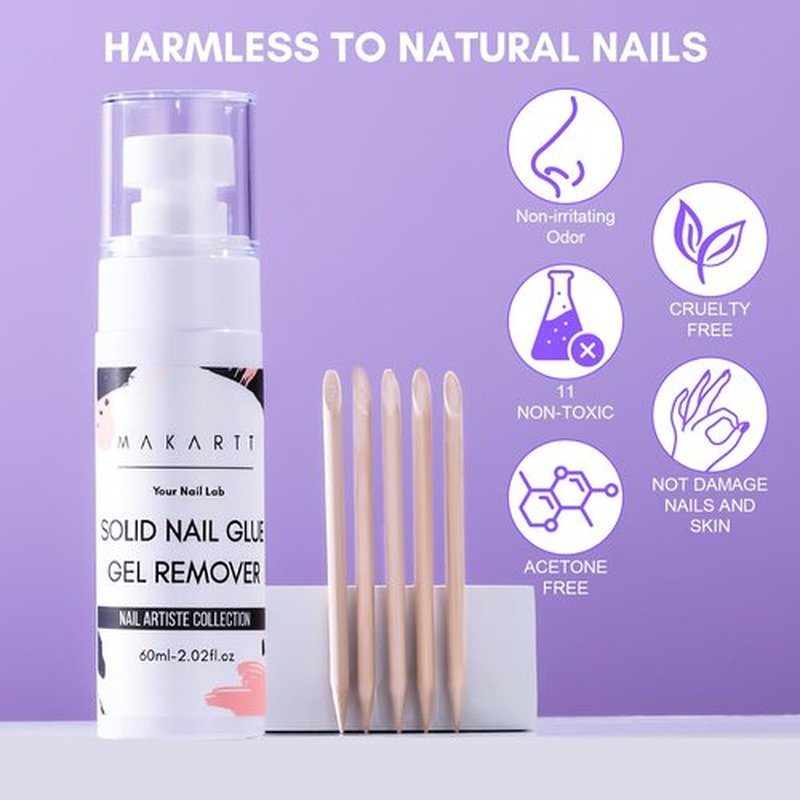 Makartt Nail Glue Remover for Press on Nails, 60ML Gentle Glue Remover for Solid Nail Glue Gel Non-Acetone Press on Nail Remover for Nail Tips, Nail Polish Remover with 5pcs Wooden Sticks