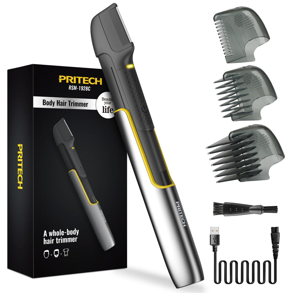 PRITECH Body Hair Trimmer for Men, Rechargeable Hair Trimmer for Pubic Area, Back, Face, Legs and Beard, Wet and Dry Use with Extra Replacement Blade