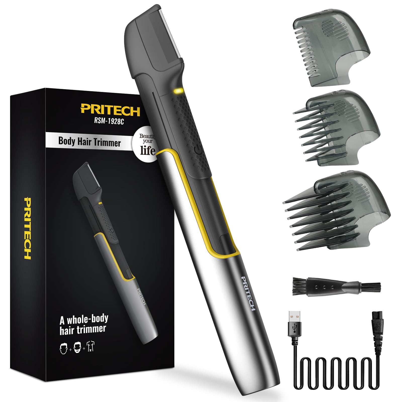 PRITECH Body Hair Trimmer for Men, Rechargeable Hair Trimmer for Pubic Area, Back, Face, Legs and Beard, Wet and Dry Use with Extra Replacement Blade