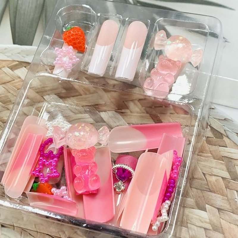 Press on Nails Coffin Long French 24Pcs Glossy Full Cover Acrylic Square Cute False Nails with Gems Designs Artificial Ballerina Fake Nails with Charm Glue Stick on Fingernails for Women Girls